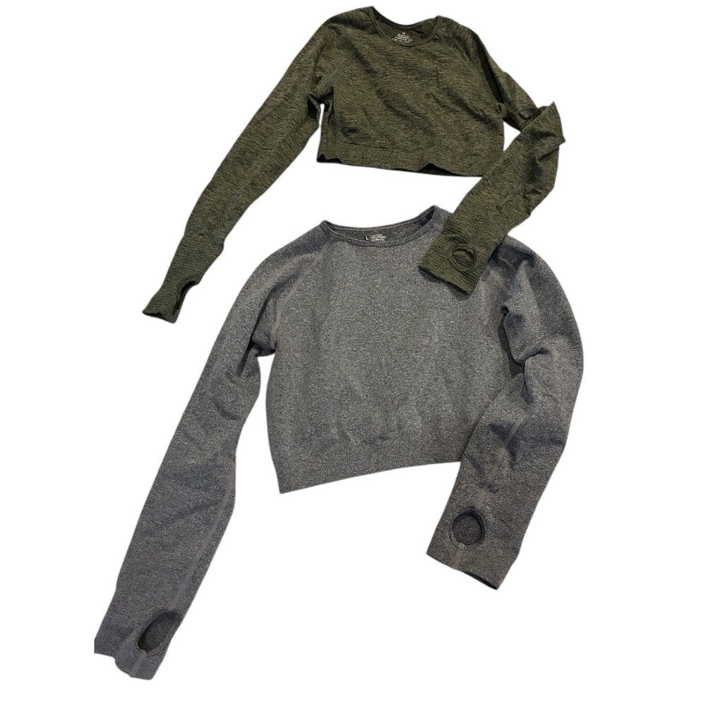 Green Gray Crop Tops Bundle Long Sleeve Tops 1 Green 1 Gray Thumb Holes Stretchy